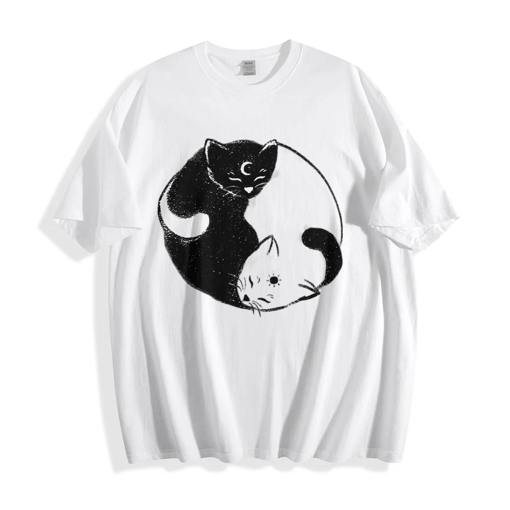 Taichi Cat T-shirt Yinyang Kongfu Cute Graphic Design Tees Vintage Anime Shirt Women Crewneck Casual Summer Short Sleeve Tops