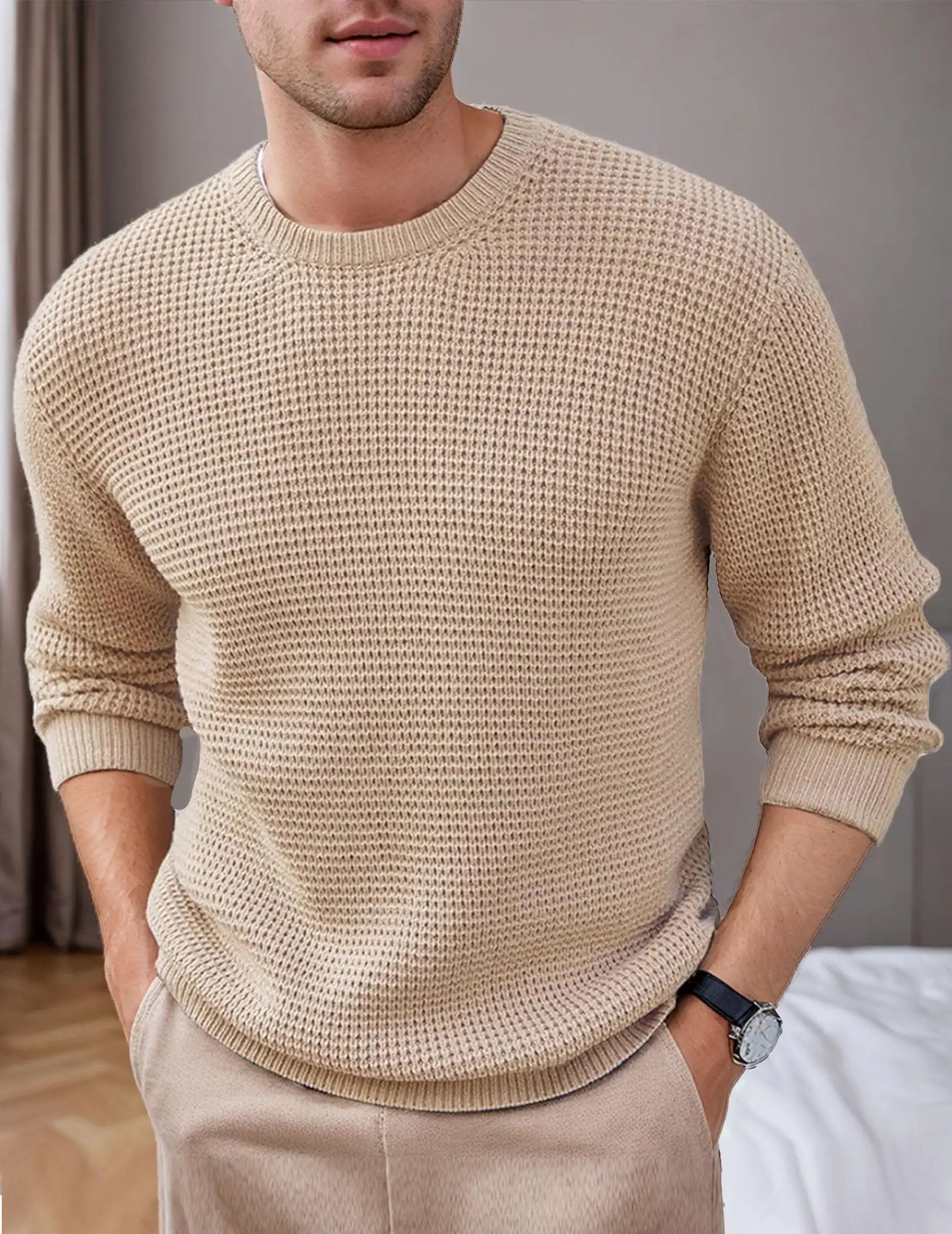 Men's Crewneck Waffle Texture Long Sleeve Knit Sweater