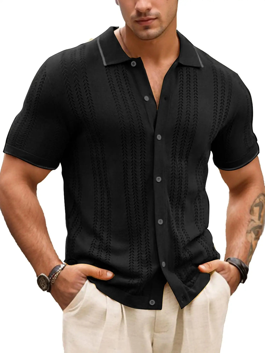 Men's Hollow Out Casual Button-Up Knit Sweater, Lightweight and Breathable, Stylish Design for Various Occasions