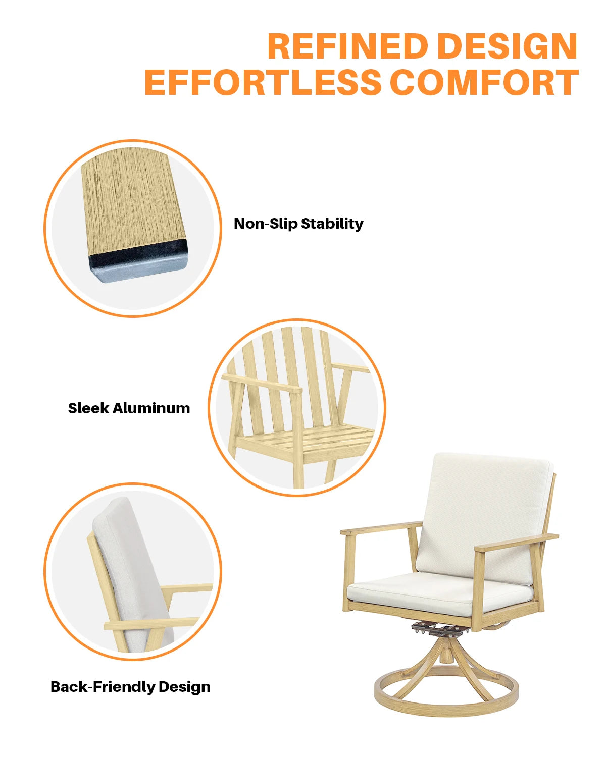 SeeHill Swivel Patio Dining Chairs, 2 Aluminum Swivel Chairs with Cushions, 360° Rotation, Maple Wood Outdoor Furniture