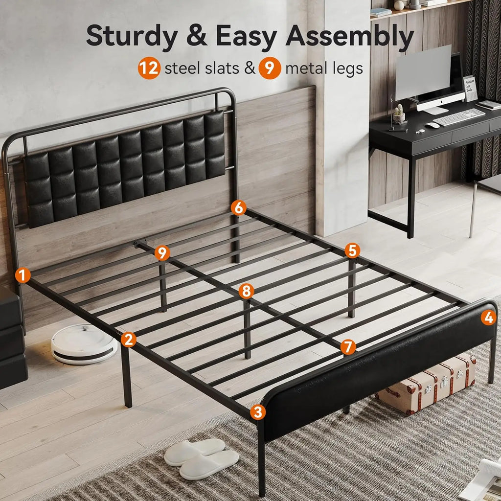 BedsPick Queen Size Bed Frame,Platform Bed Frame with Upholstered Headboard,12 Quiet Slats,Urban Style Design,No Box Spring Need