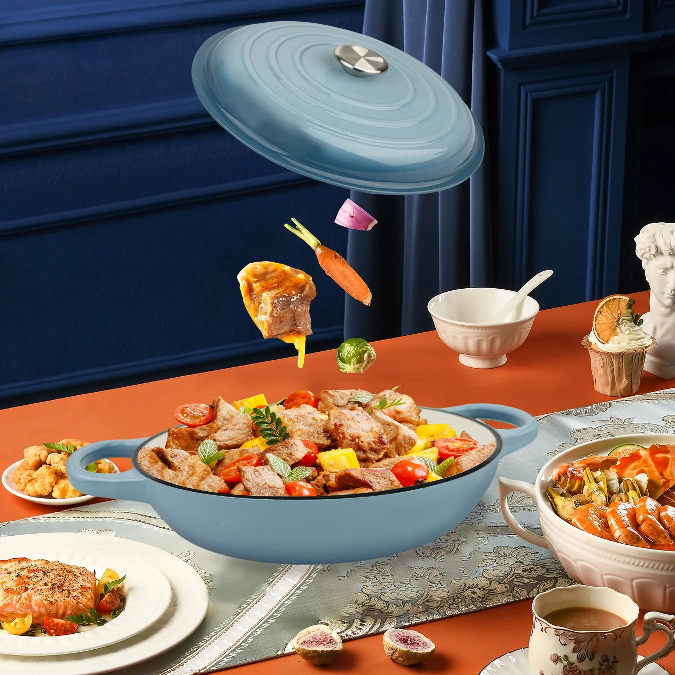 Oval Enameled Cast Iron Dutch Oven- Heavy Pot with Lid,2.5 QT,Double Handle, Red and Blue, for Bread Baking,Broth,Seafood