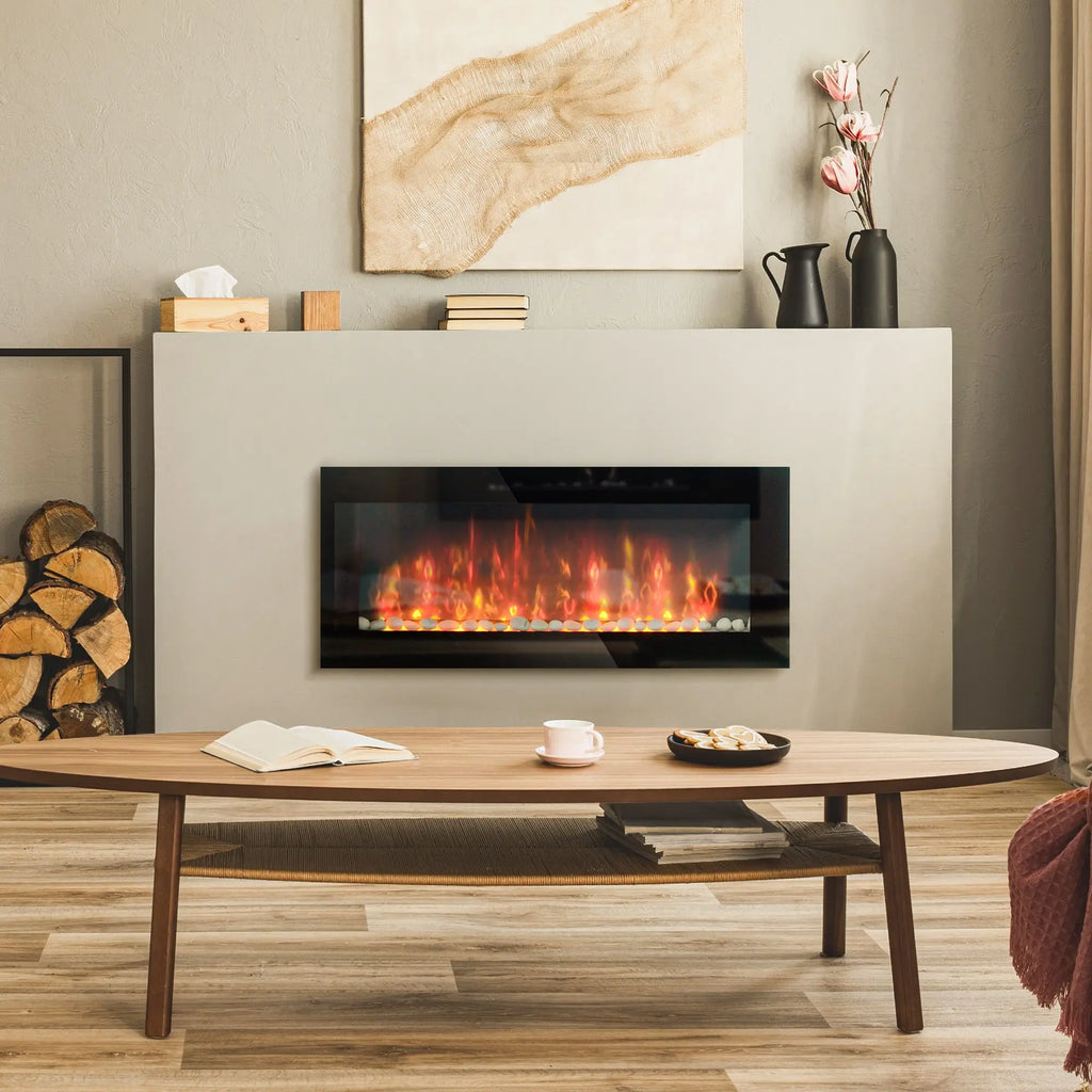 41.3" 1500W Electric Wall-Mounted Fireplace with Flame Effect, 7 Color Background Light, Black