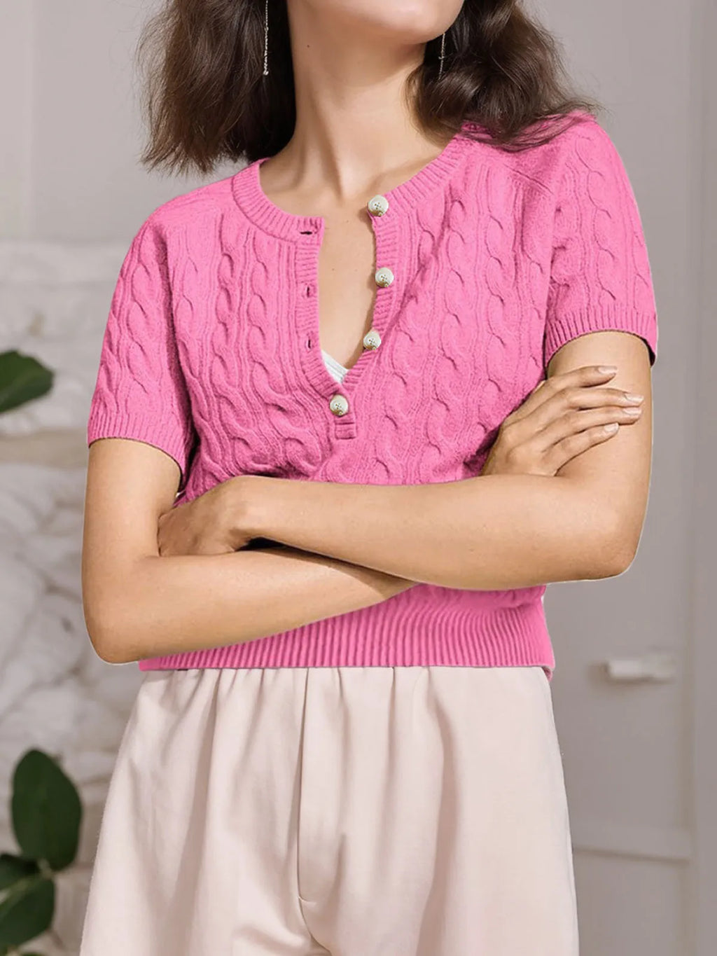 Casual Style V-Neck Knit Top, Button Front Design Lantern Sleeves, Idea to Daily Wear, Woman Clothes