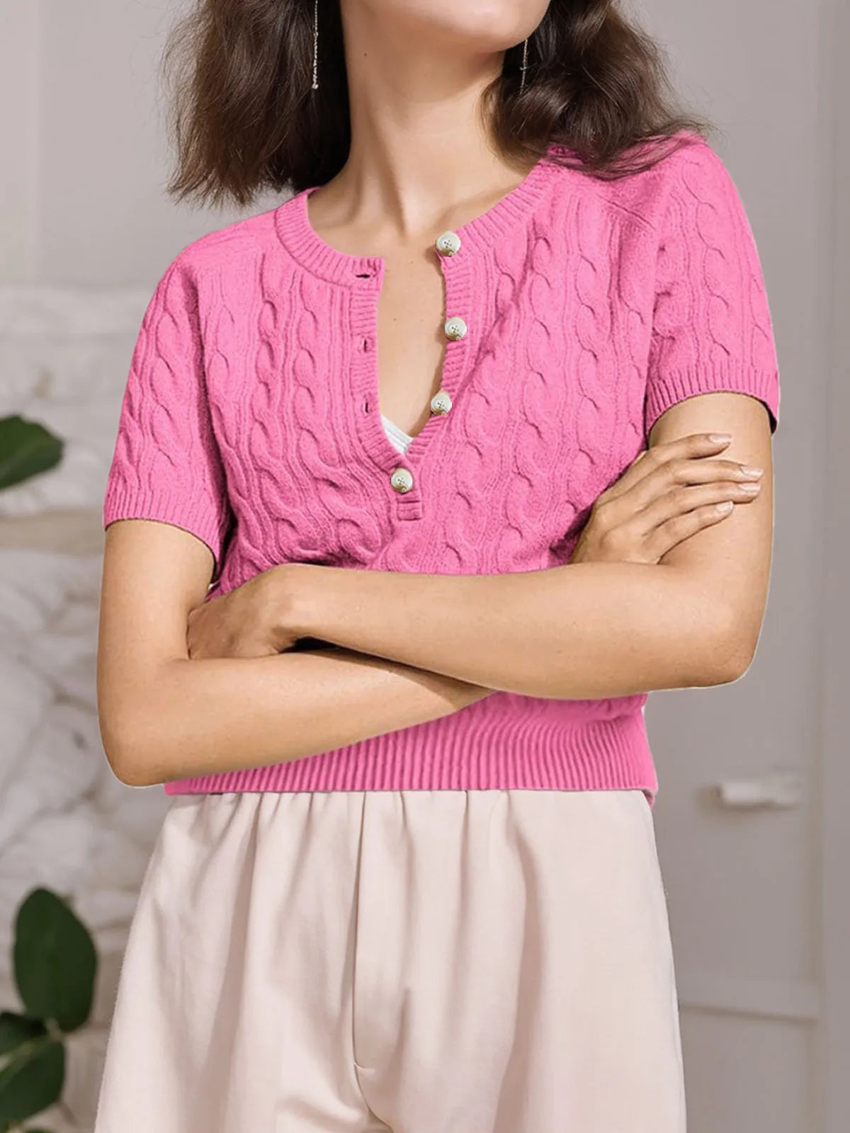 Casual Style V-Neck Knit Top, Button Front Design Lantern Sleeves, Idea to Daily Wear, Woman Clothes