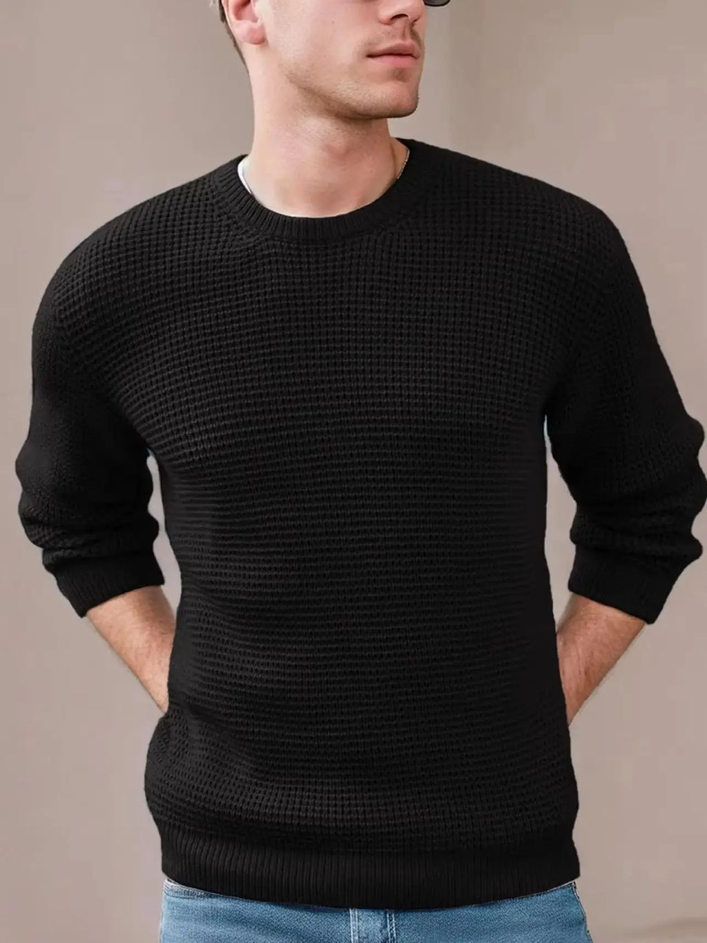 Men's Crewneck Waffle Texture Long Sleeve Knit Sweater