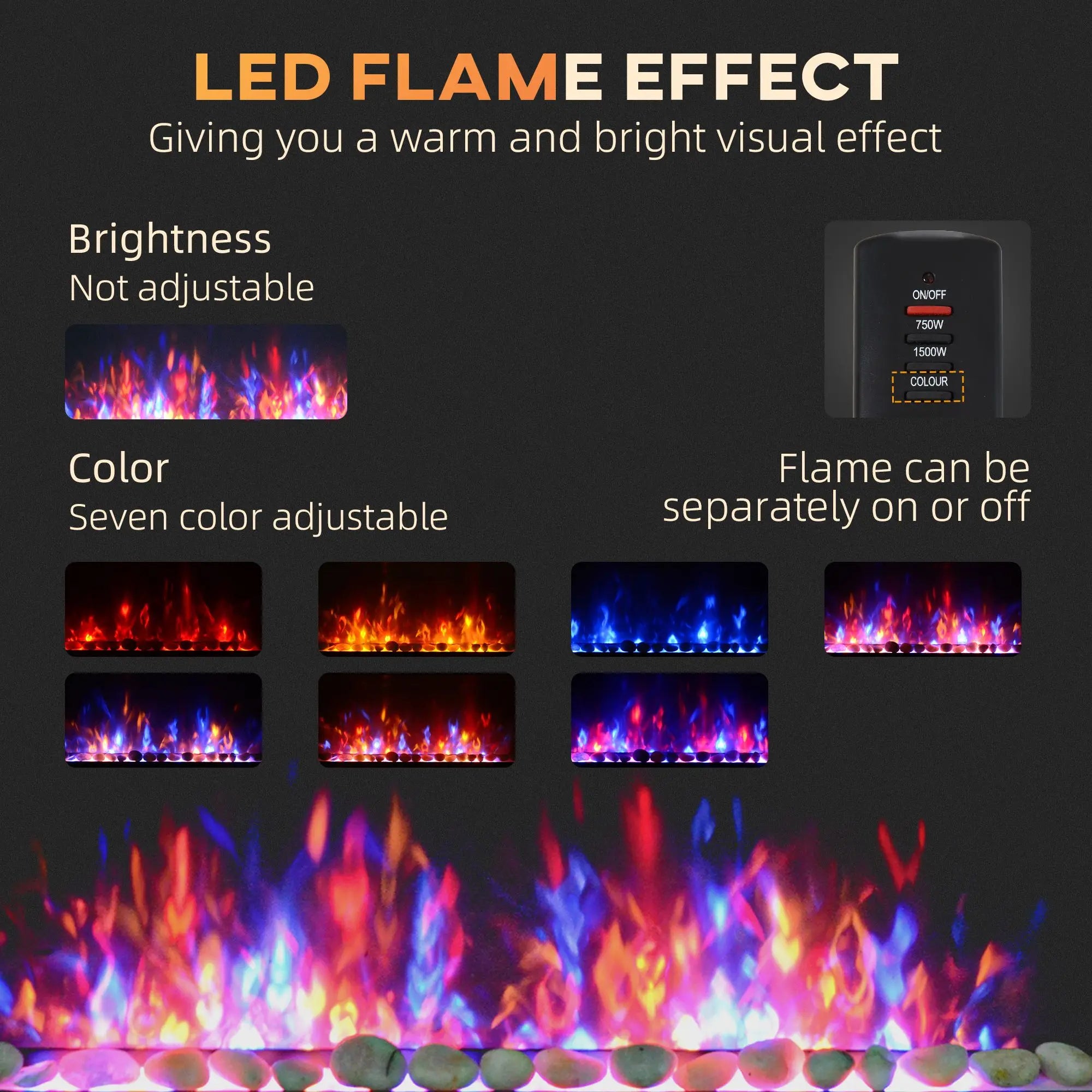 41.3" 1500W Electric Wall-Mounted Fireplace with Flame Effect, 7 Color Background Light, Black