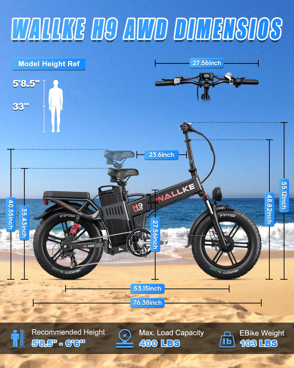 W Wallke H9 AWD 3200W Dual Motor Electric Bike for Adult 48V 60Ah Long Range Foldable Ebike 31MPH E-Bike 20" Fat Tire UL2849