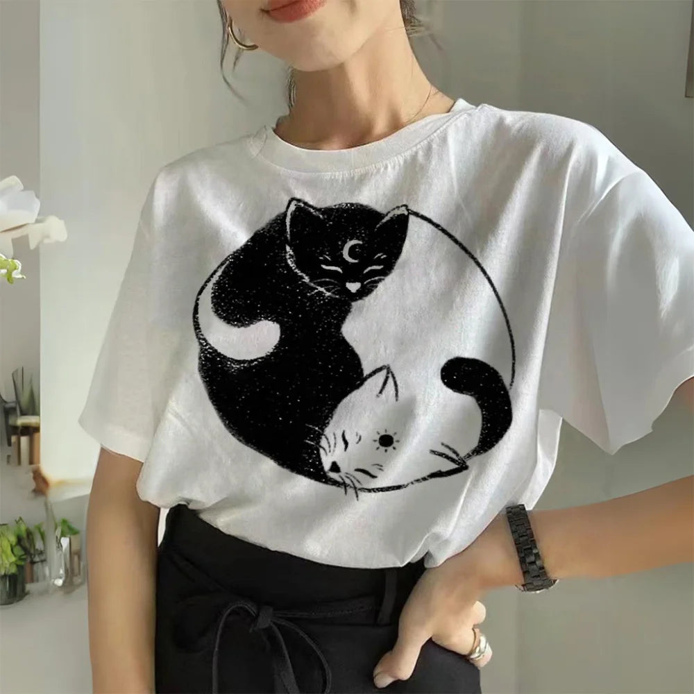 Taichi Cat T-shirt Yinyang Kongfu Cute Graphic Design Tees Vintage Anime Shirt Women Crewneck Casual Summer Short Sleeve Tops