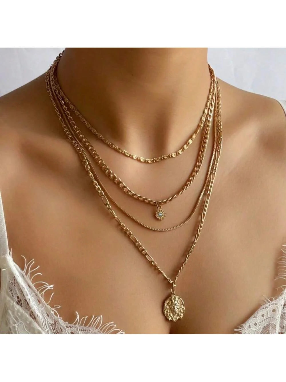 Bold Statement Layered Necklace - Lion & Sun Pendant on Chunky Gold Chain, Y2K Inspired Edgy Daily Jewelry