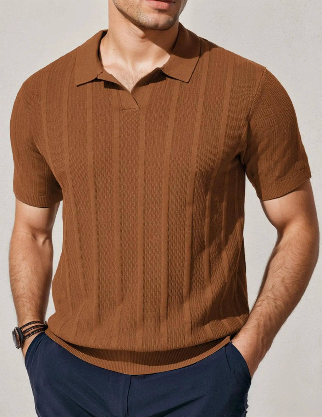 Men's Long Sleeve Textured Polo Collar Casual Sweater