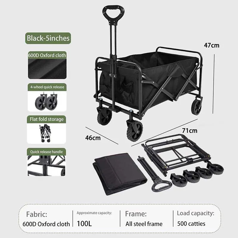 Foldable 4-wheeled cart, large capacity garden cart with wheels, heavy-duty multi-purpose grocery cart for shopping and camping