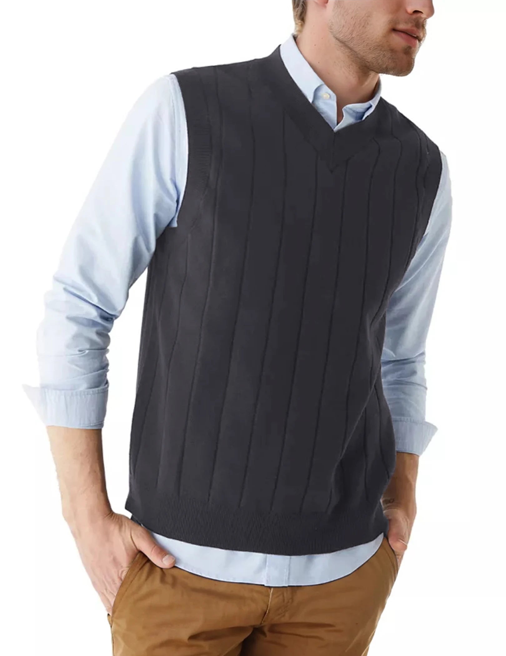 Men's V-Neck Striped Pullover Sweater Vest - Stylish Classic Design, Comfortable & Warm, Ideal for Business and Casual Occasions