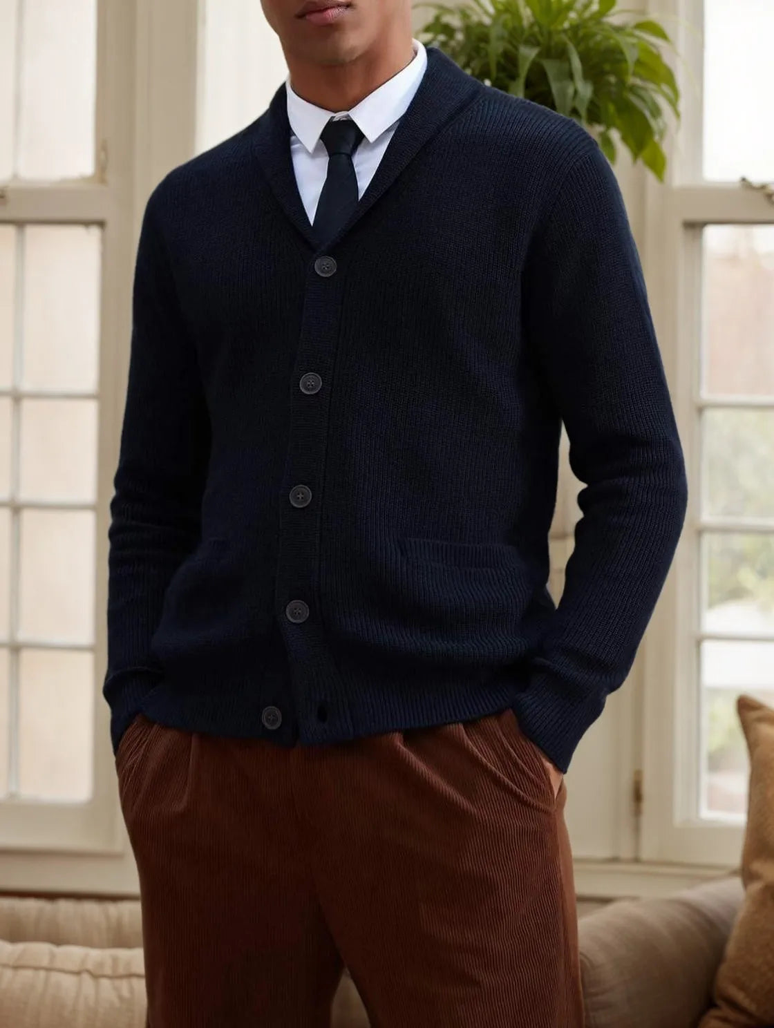 Men's Shawl Collar Cardigan Sweater - Button-Up Down Knit Sweater with Pockets for Warmth in Fall and Winter Seasons