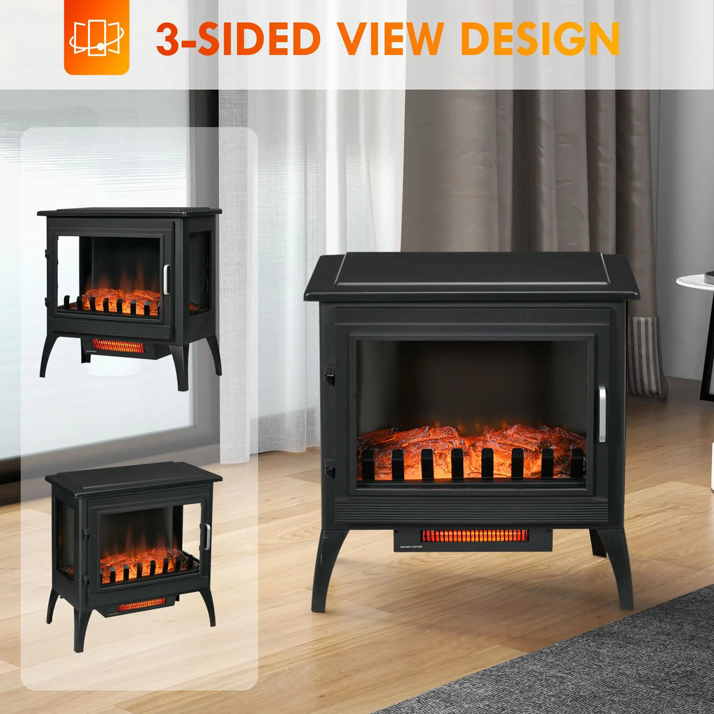 24" Black Free Standing Electric Fireplace, Electric Fireplace Heater with Realistic Fake Fire