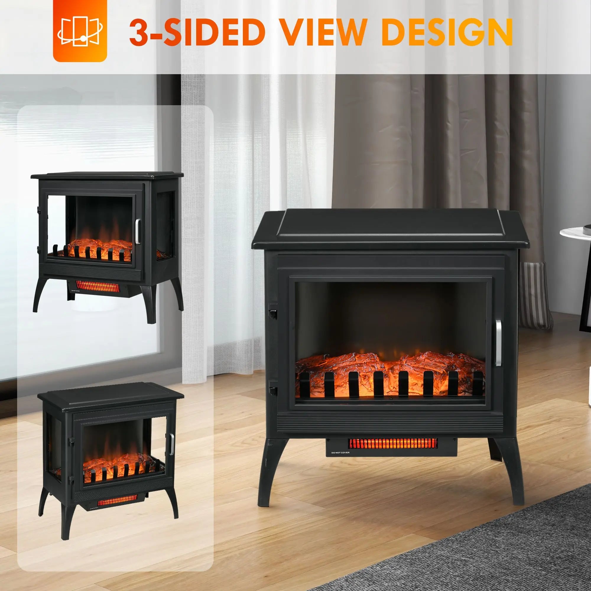 24" Black Free Standing Electric Fireplace, Electric Fireplace Heater with Realistic Fake Fire