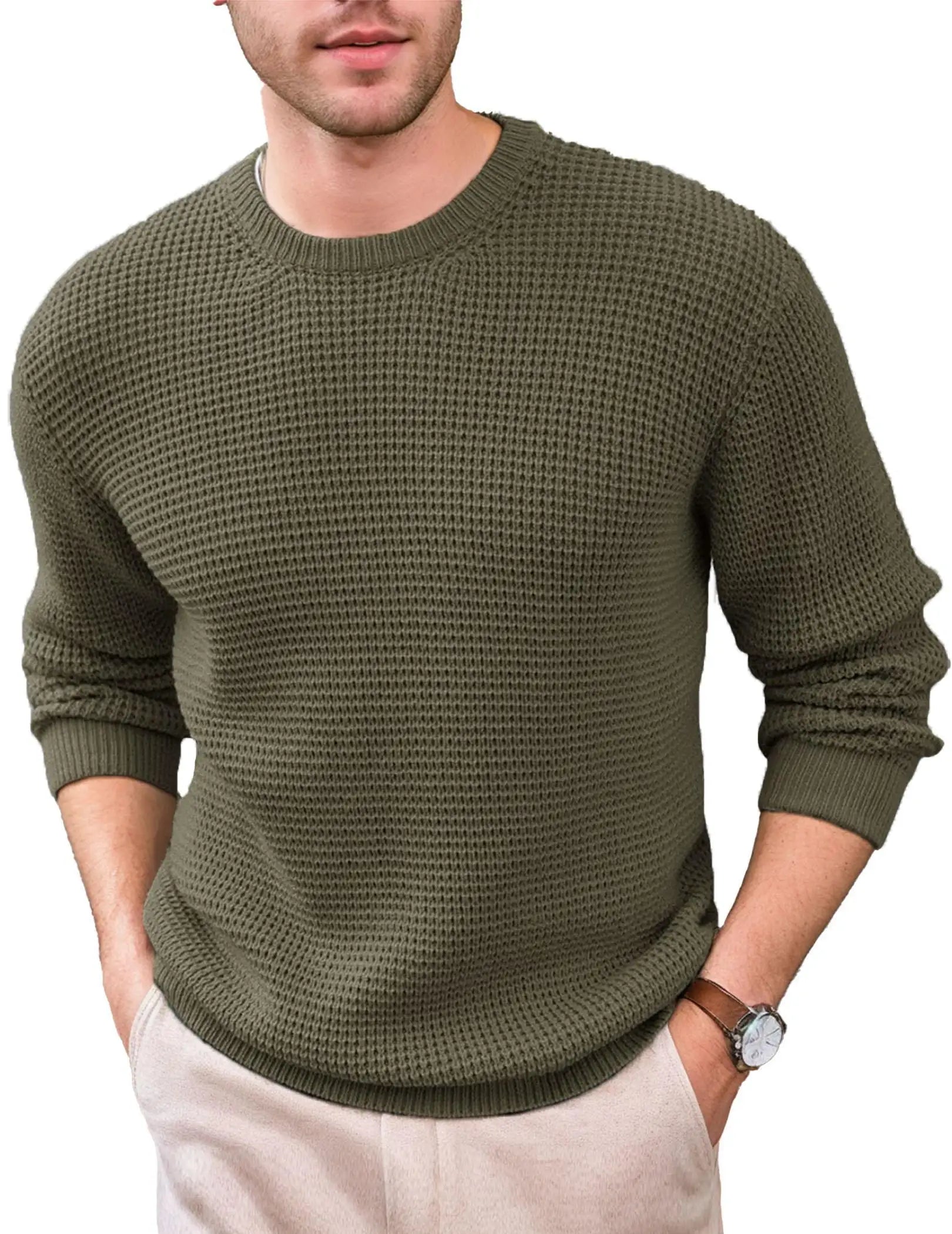 Men's Crewneck Waffle Texture Long Sleeve Knit Sweater