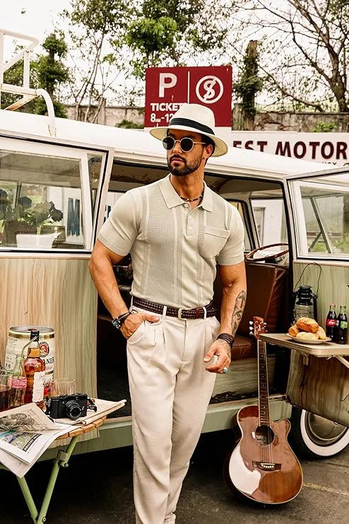 Men's Knit Polo Shirts Short Sleeve Texture Lightweight Golf Shirts Sweater