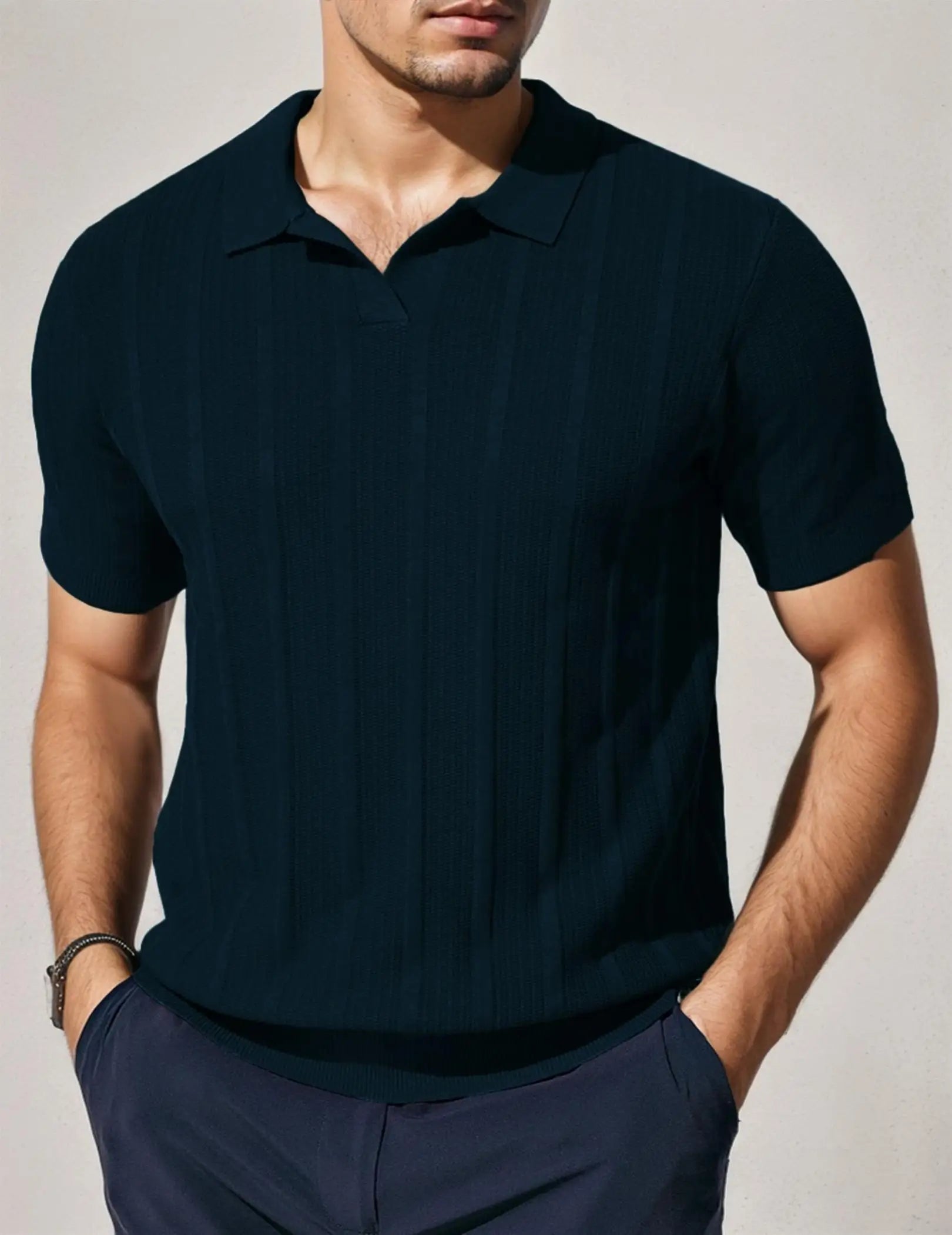 Men's Long Sleeve Textured Polo Collar Casual Sweater