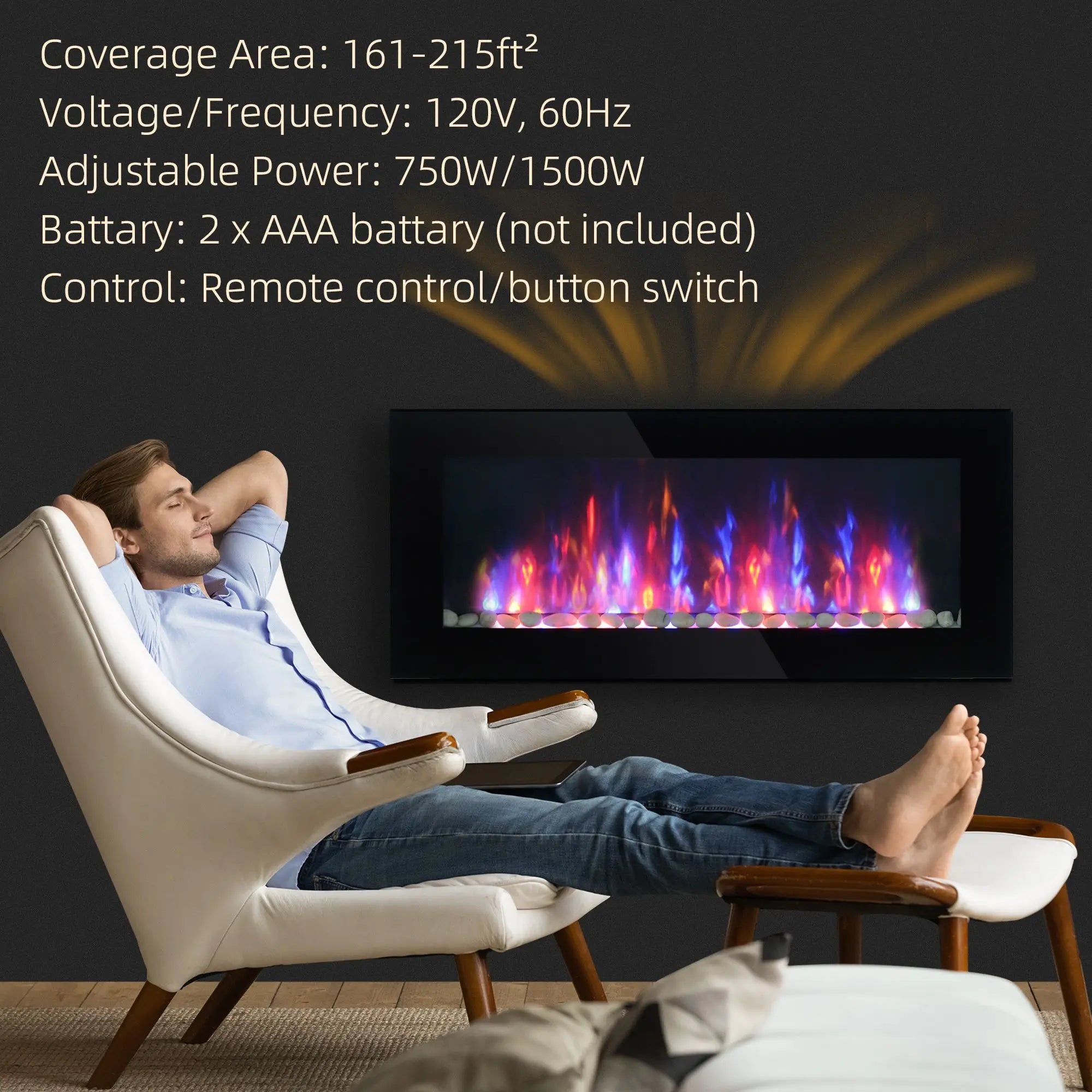 41.3" 1500W Electric Wall-Mounted Fireplace with Flame Effect, 7 Color Background Light, Black