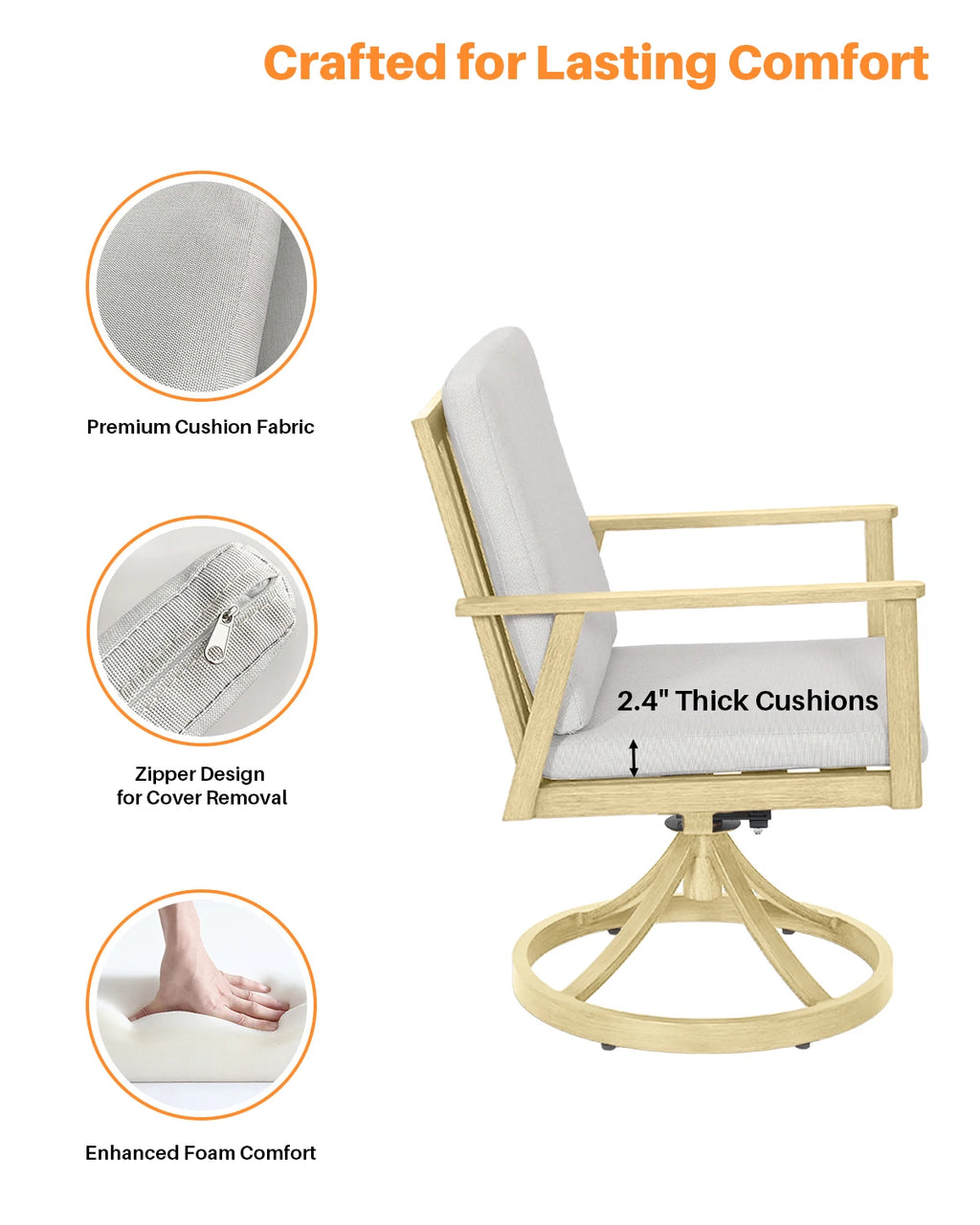 SeeHill Swivel Patio Dining Chairs, 2 Aluminum Swivel Chairs with Cushions, 360° Rotation, Maple Wood Outdoor Furniture