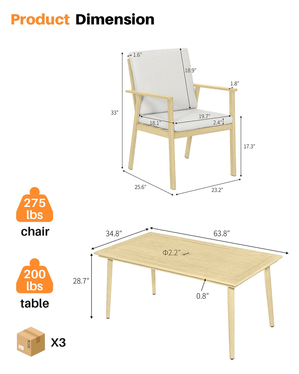 SeeHill 7-Piece Patio Dining Set, Aluminum Table and Chairs with Umbrella Hole, Maple Wood Outdoor Furniture for Garden, Pool