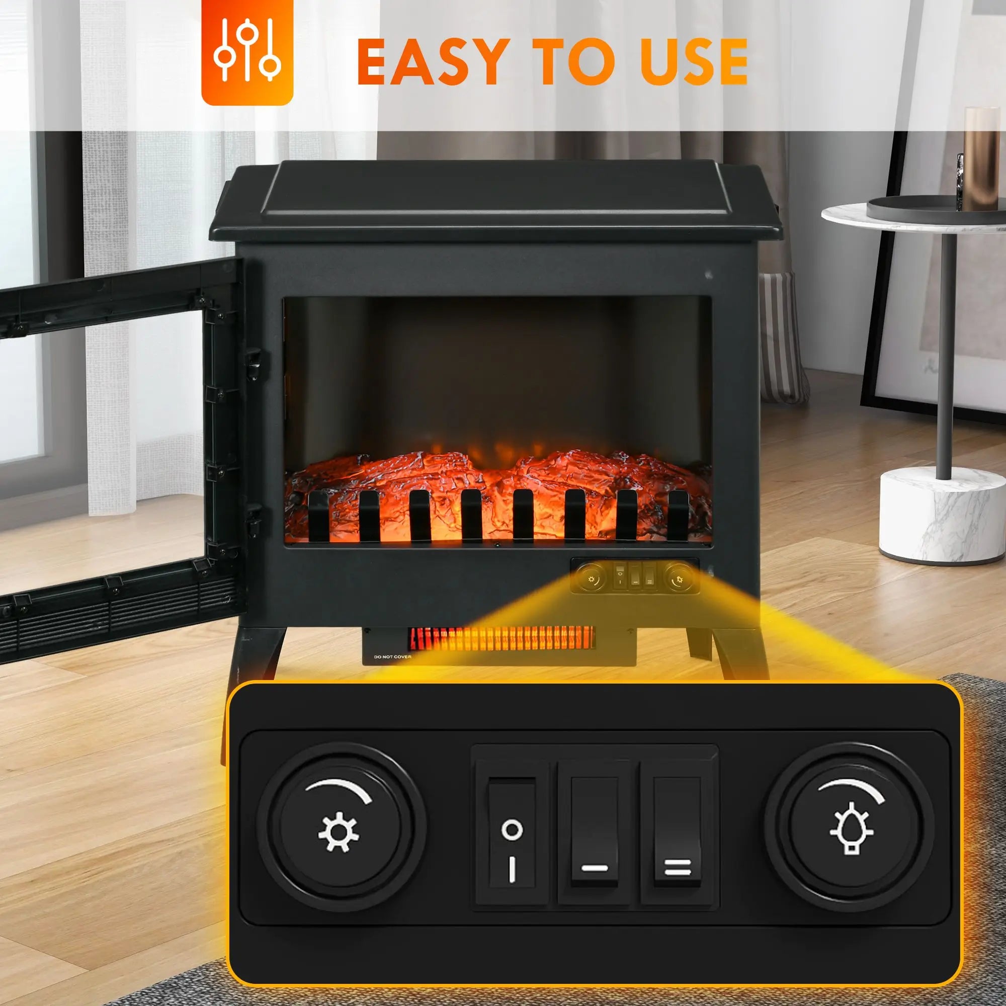 24" Black Free Standing Electric Fireplace, Electric Fireplace Heater with Realistic Fake Fire