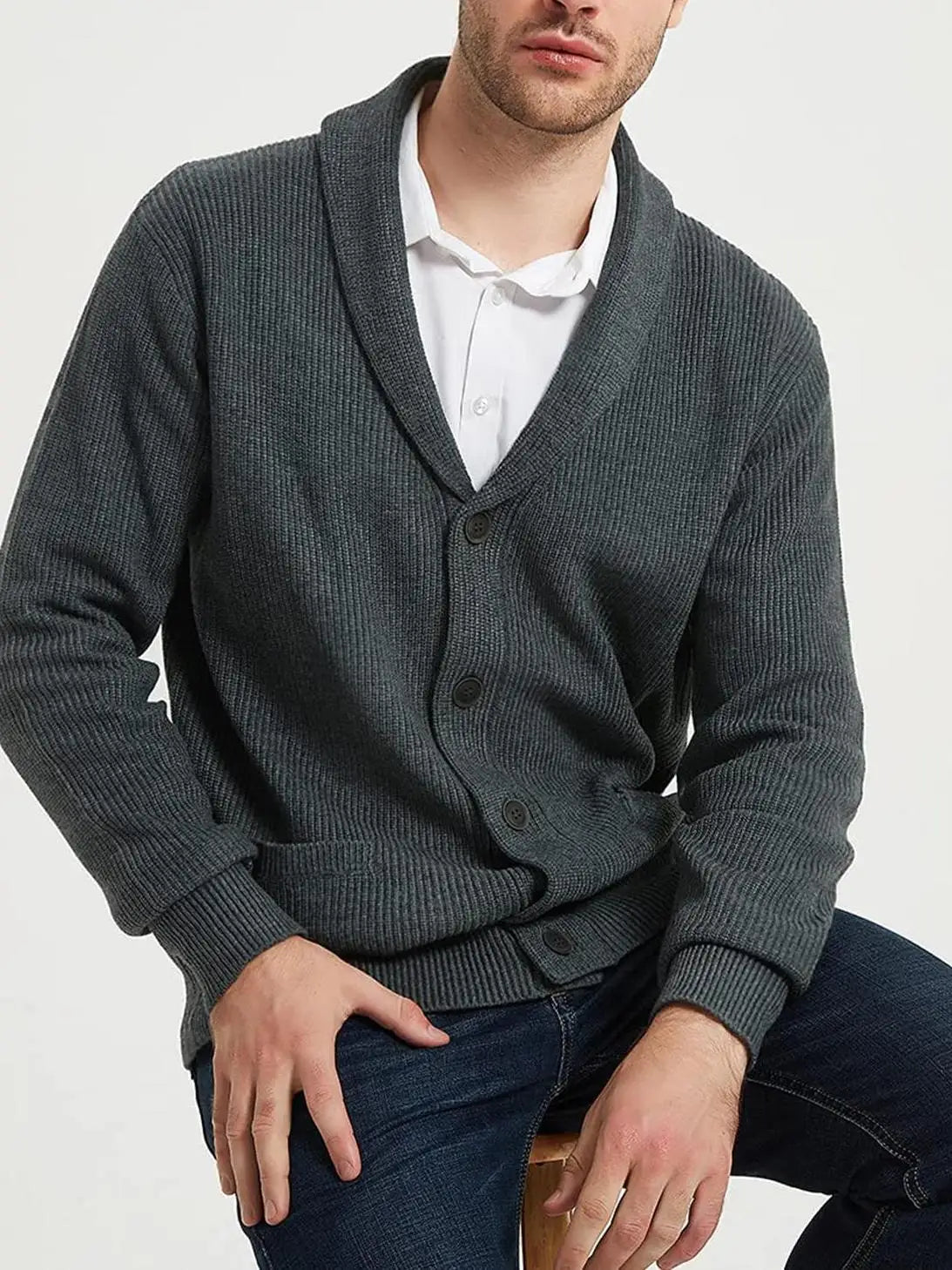 Men's Shawl Collar Cardigan Sweater - Button-Up Down Knit Sweater with Pockets for Warmth in Fall and Winter Seasons