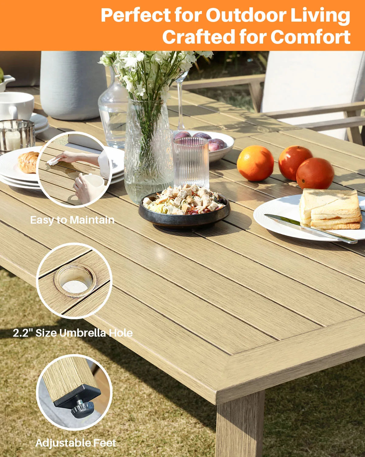 SeeHill 7-Piece Patio Dining Set, Aluminum Table and Chairs with Umbrella Hole, Maple Wood Outdoor Furniture for Garden, Pool