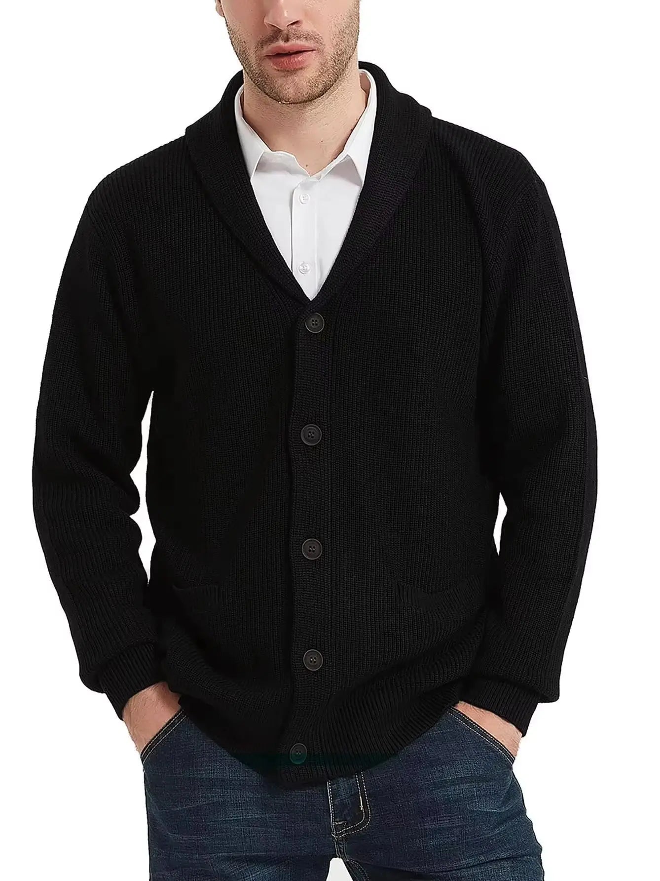 Men's Shawl Collar Cardigan Sweater - Button-Up Down Knit Sweater with Pockets for Warmth in Fall and Winter Seasons