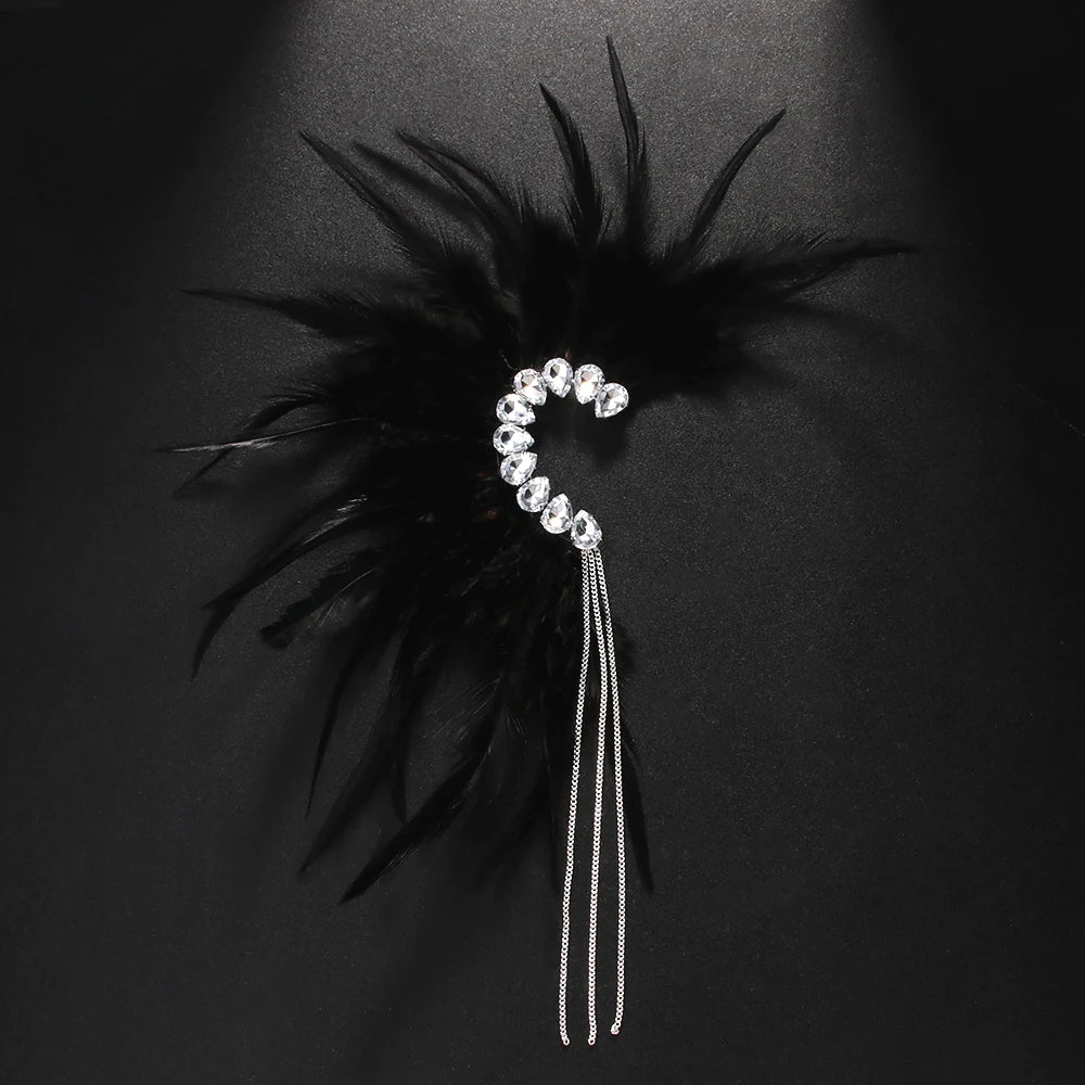 Stonefans Black Feather Ear Pinna Earrings 2024 Designer Trend Vintage No Piercing Accessories Ethnic Wedding Jewelry Dance Gift