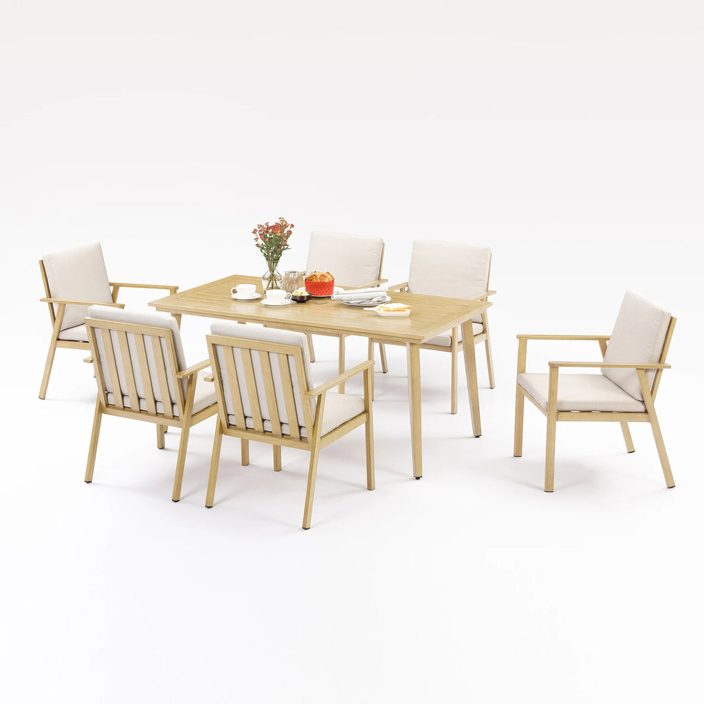 SeeHill 7-Piece Patio Dining Set, Aluminum Table and Chairs with Umbrella Hole, Maple Wood Outdoor Furniture for Garden, Pool