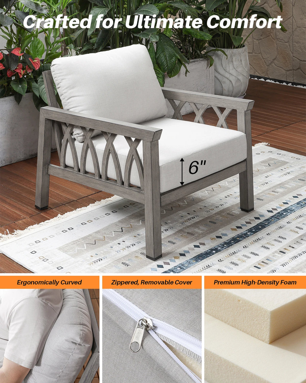 SeeHill Aluminum Outdoor Sofa Chair, Modern Patio Armchair with Washable Cushions for Garden Deck Porch