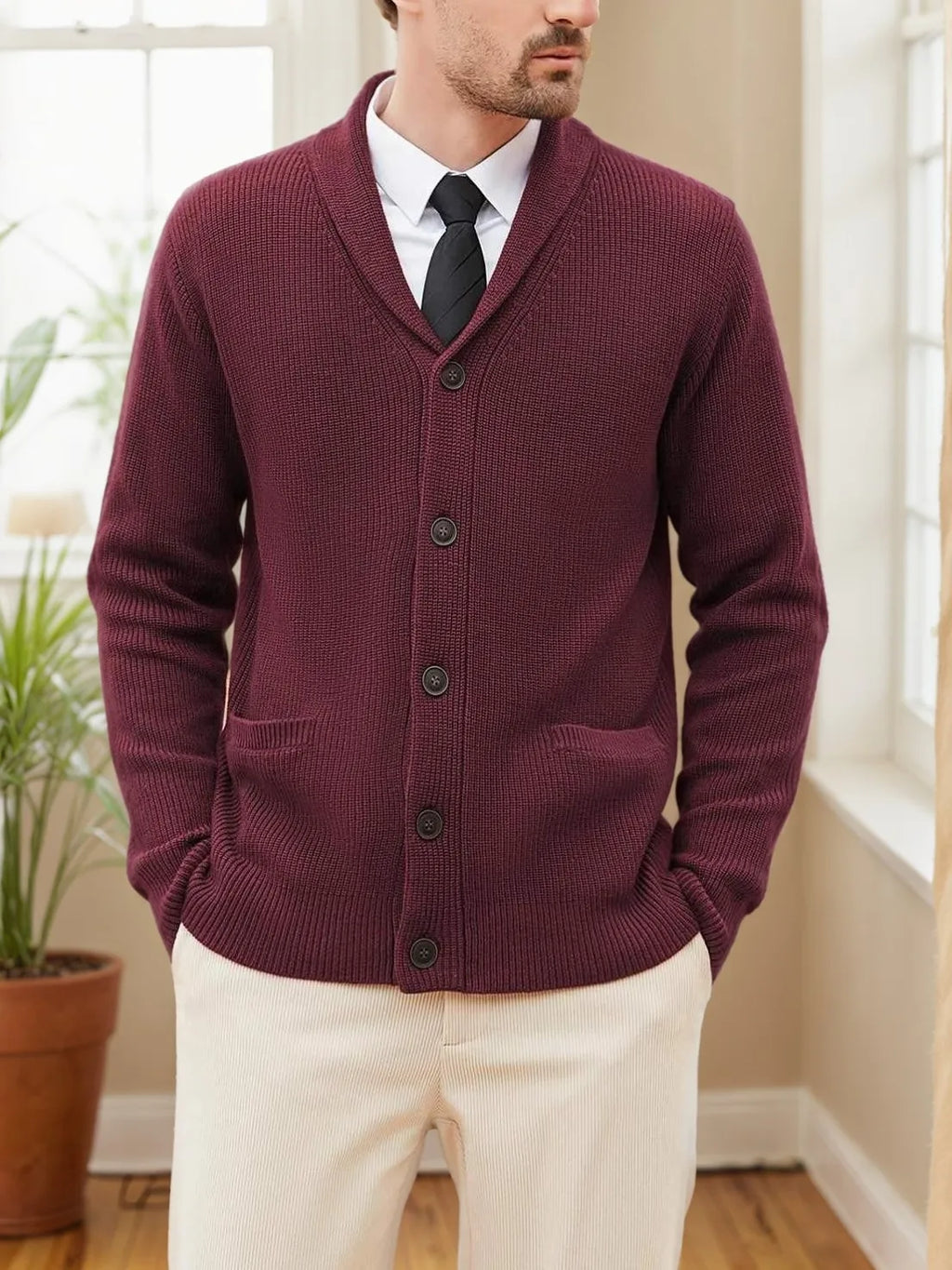 Men's Shawl Collar Cardigan Sweater - Button-Up Down Knit Sweater with Pockets for Warmth in Fall and Winter Seasons