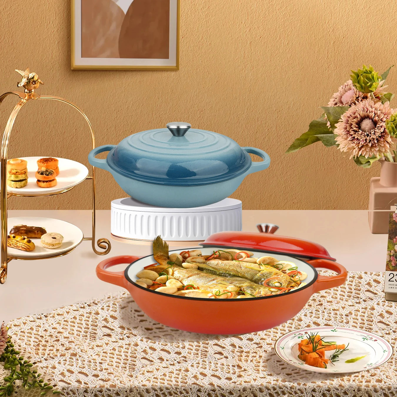 Oval Enameled Cast Iron Dutch Oven- Heavy Pot with Lid,2.5 QT,Double Handle, Red and Blue, for Bread Baking,Broth,Seafood