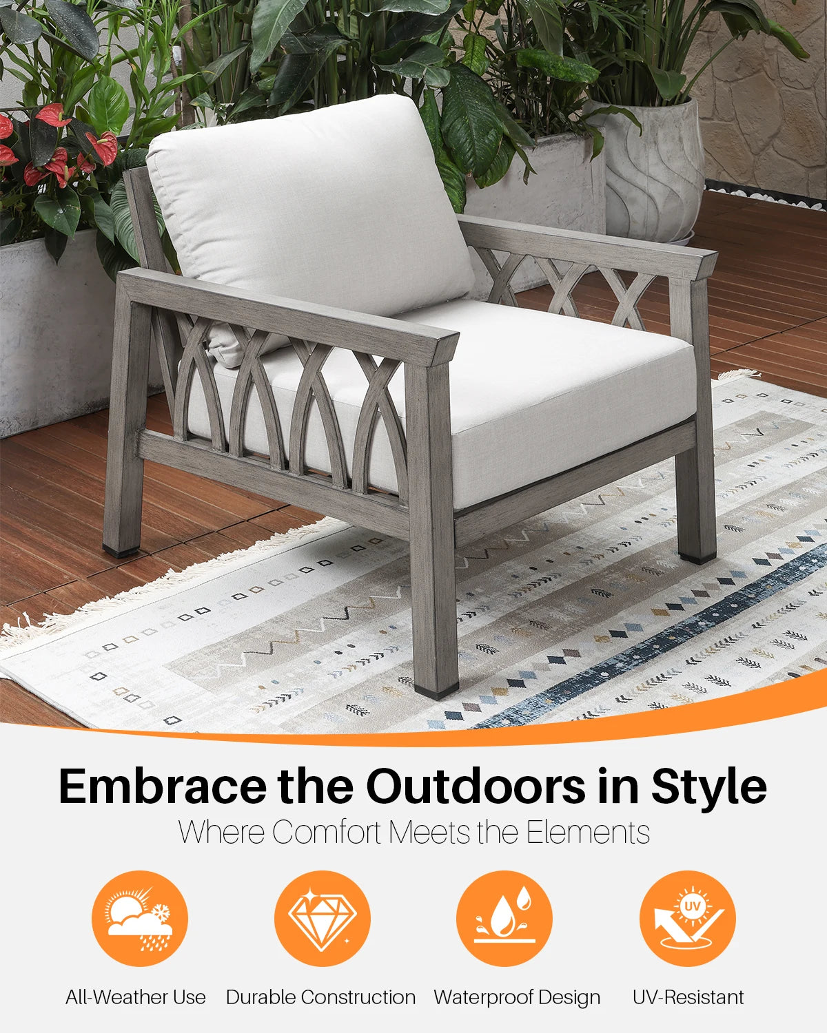 SeeHill Aluminum Outdoor Sofa Chair, Modern Patio Armchair with Washable Cushions for Garden Deck Porch