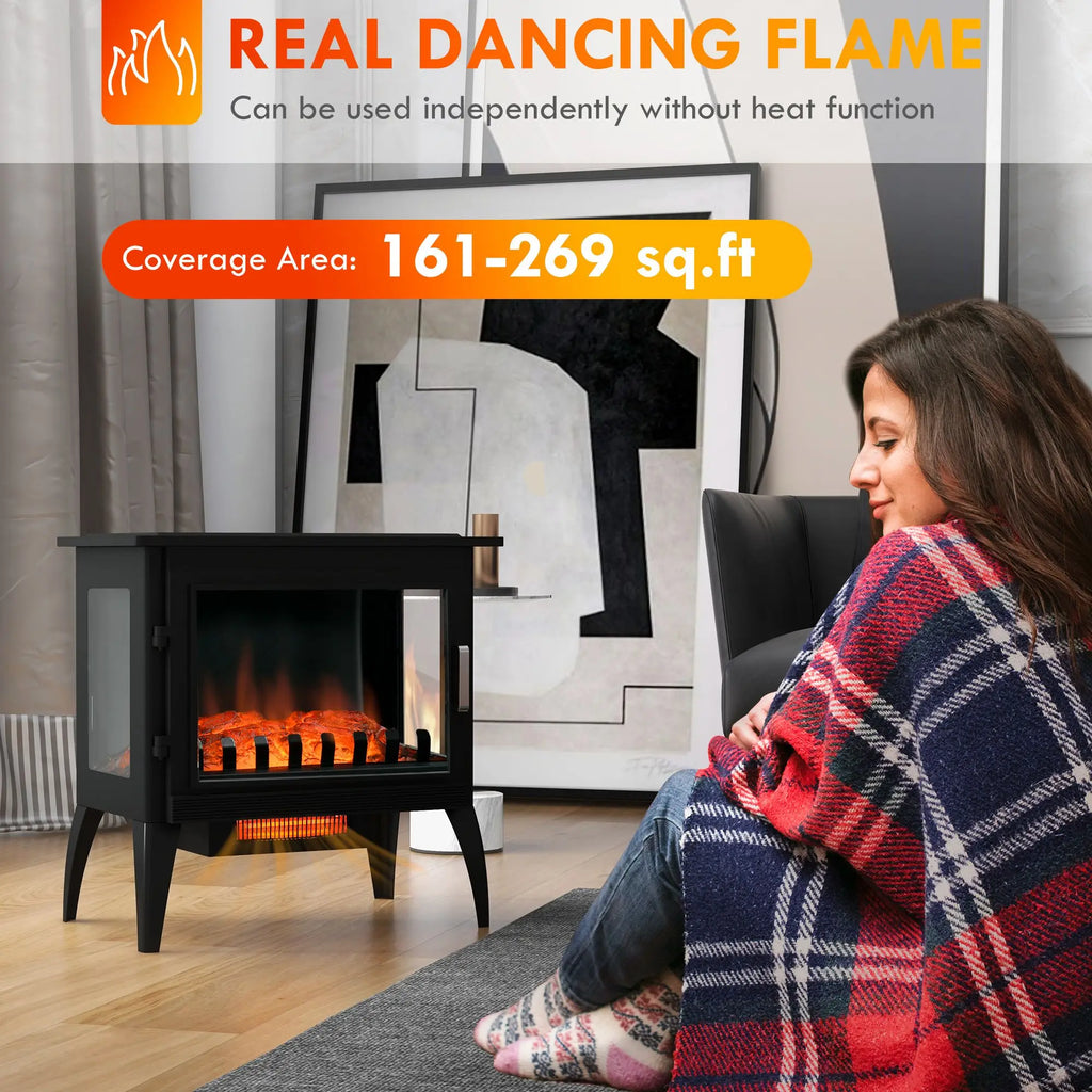24" Black Free Standing Electric Fireplace, Electric Fireplace Heater with Realistic Fake Fire