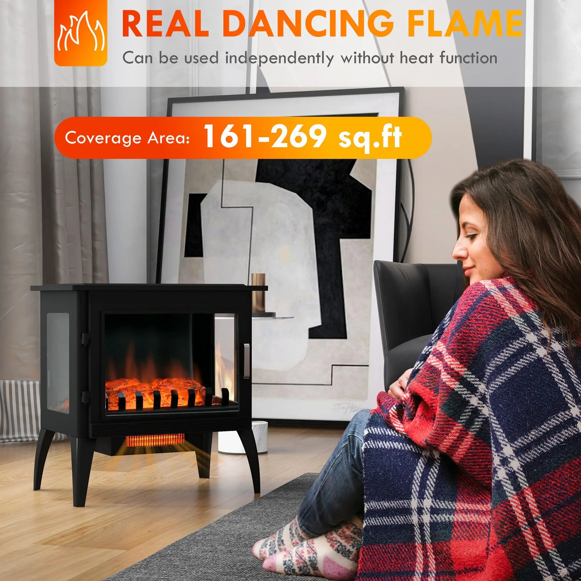 24" Black Free Standing Electric Fireplace, Electric Fireplace Heater with Realistic Fake Fire