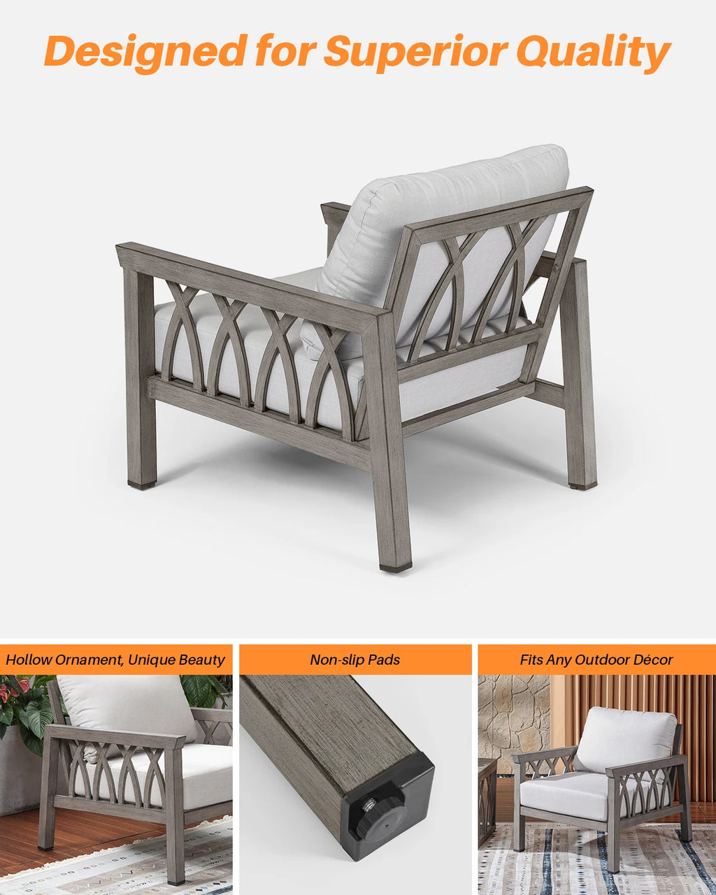 SeeHill Aluminum Outdoor Sofa Chair, Modern Patio Armchair with Washable Cushions for Garden Deck Porch
