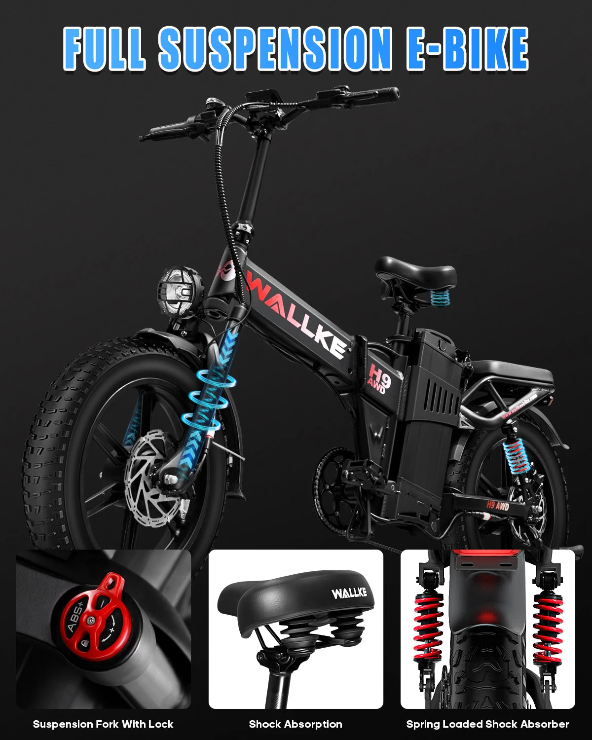 W Wallke H9 AWD 3200W Dual Motor Electric Bike for Adult 48V 60Ah Long Range Foldable Ebike 31MPH E-Bike 20" Fat Tire UL2849
