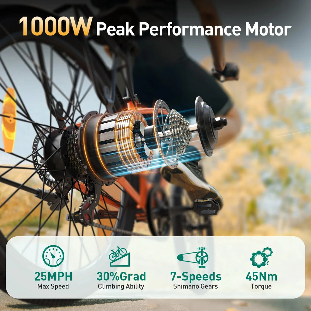 Electric Bike for Adults 1000W Peak, 460Wh Battery Max 70 Miles Electric Bike, 7 Speed & 5 Riding Modes 26 Inch E Bike 25MPH Max