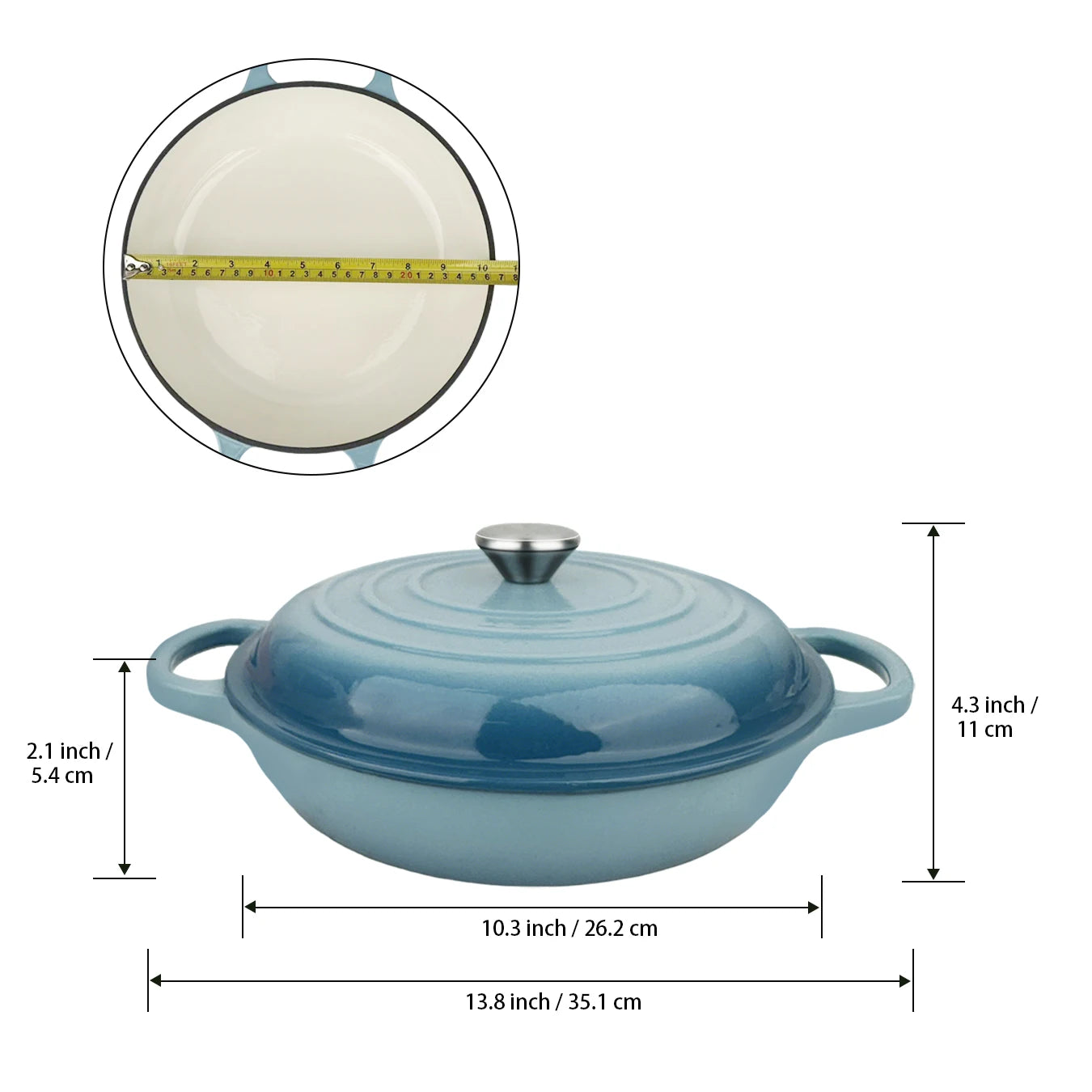 Oval Enameled Cast Iron Dutch Oven- Heavy Pot with Lid,2.5 QT,Double Handle, Red and Blue, for Bread Baking,Broth,Seafood
