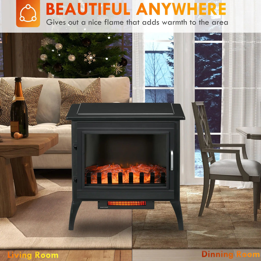 24" Black Free Standing Electric Fireplace, Electric Fireplace Heater with Realistic Fake Fire