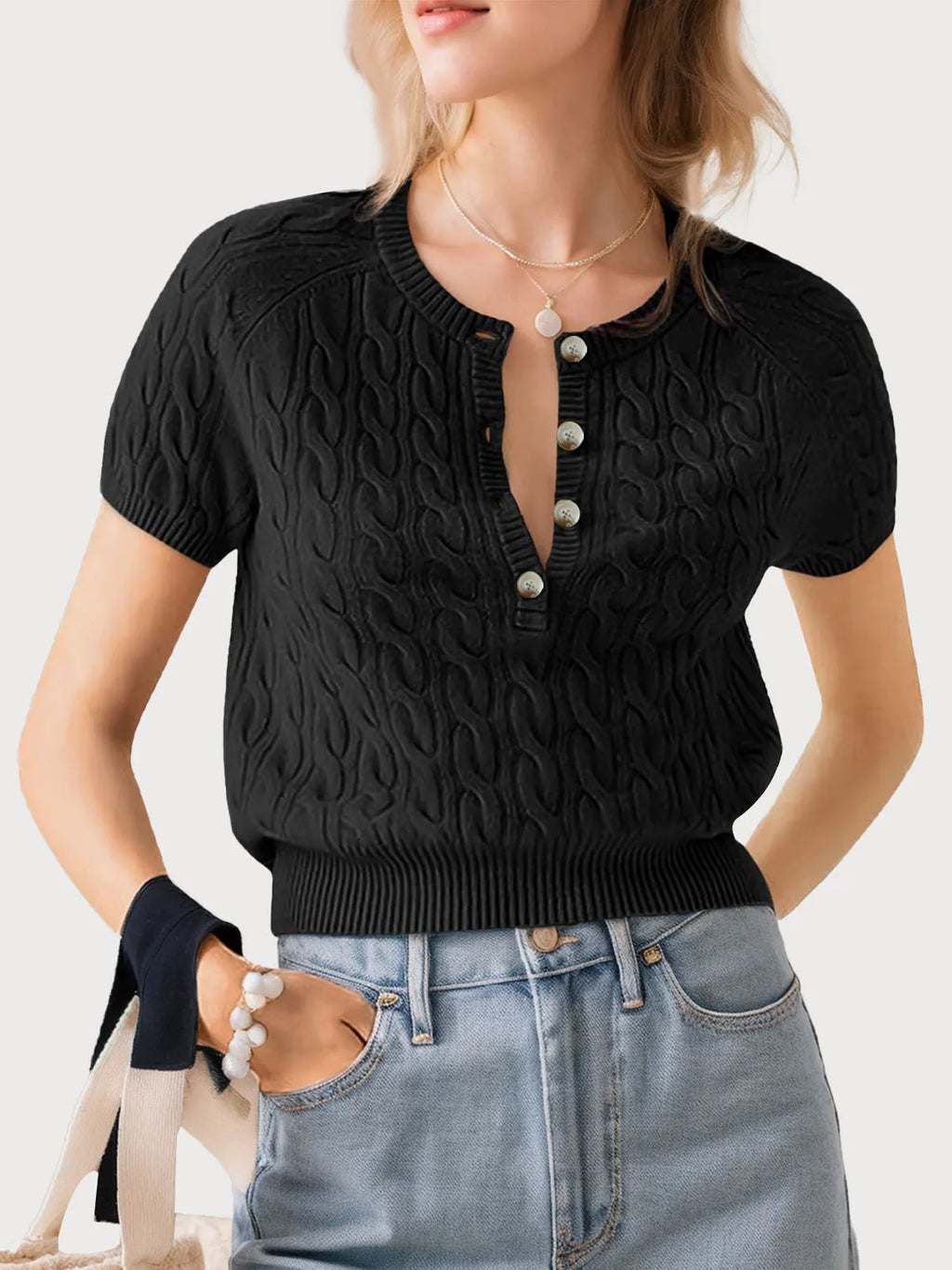 Casual Style V-Neck Knit Top, Button Front Design Lantern Sleeves, Idea to Daily Wear, Woman Clothes