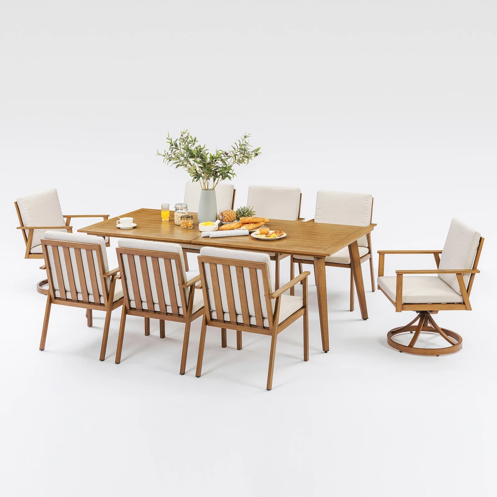 Seehill 9 Pieces Patio Furniture Outdoor Set, Outdoor Aluminum Outdoor Dining Table Set With 2 Swivel Chairs For Deck, Teak