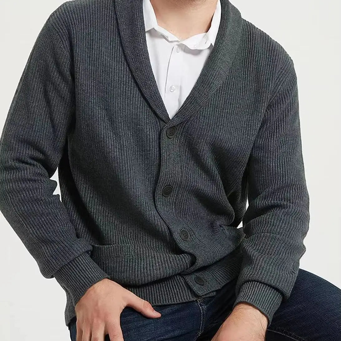 Men's Shawl Collar Cardigan Sweater - Button-Up Down Knit Sweater with Pockets for Warmth in Fall and Winter Seasons