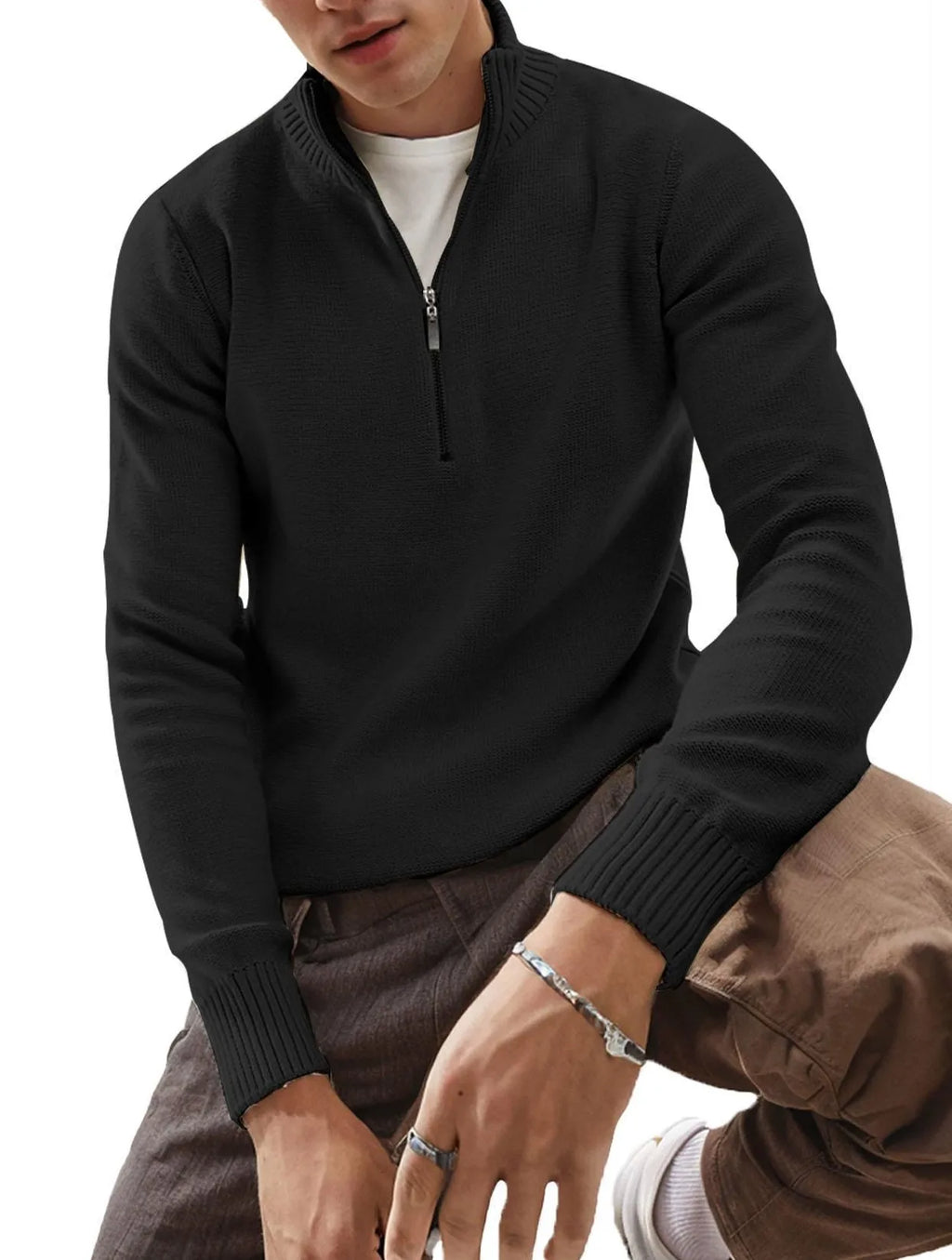 Men's Half-Zip Mock Neck Sweater Autumn Winter Warm Pullover