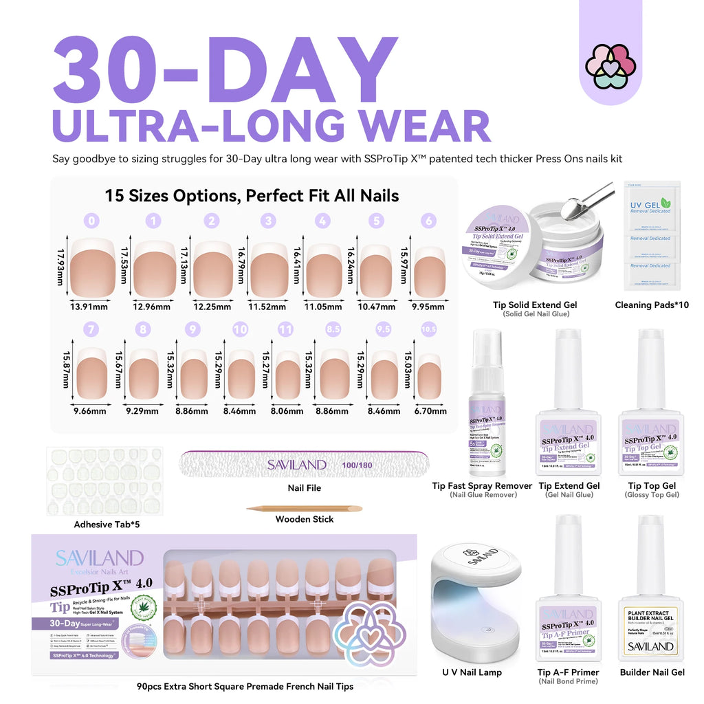 SAVILAND French Gel X Nail Kit 90pcs Extra Short Square Press On Nails with Nail Glue Gel UV LED Nail Lamp Nail Supplies