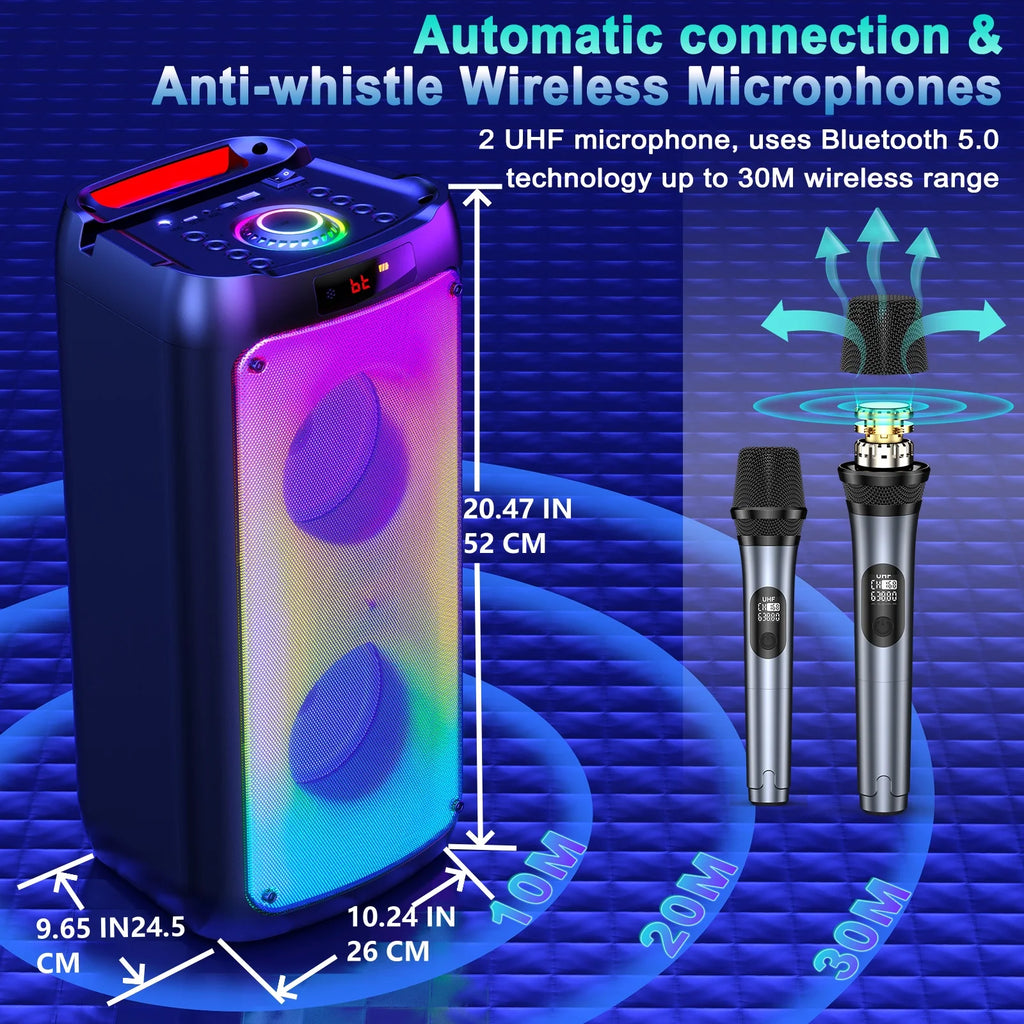 Wireless Bluetooth Speaker, Karaoke Machine with 2 Microphone, Home Karaoke Party Speaker with LED Light