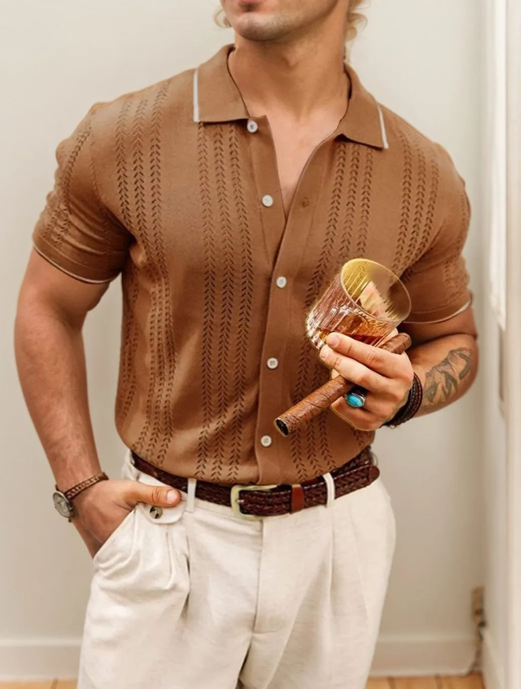 Men's Hollow Out Casual Button-Up Knit Sweater, Lightweight and Breathable, Stylish Design for Various Occasions